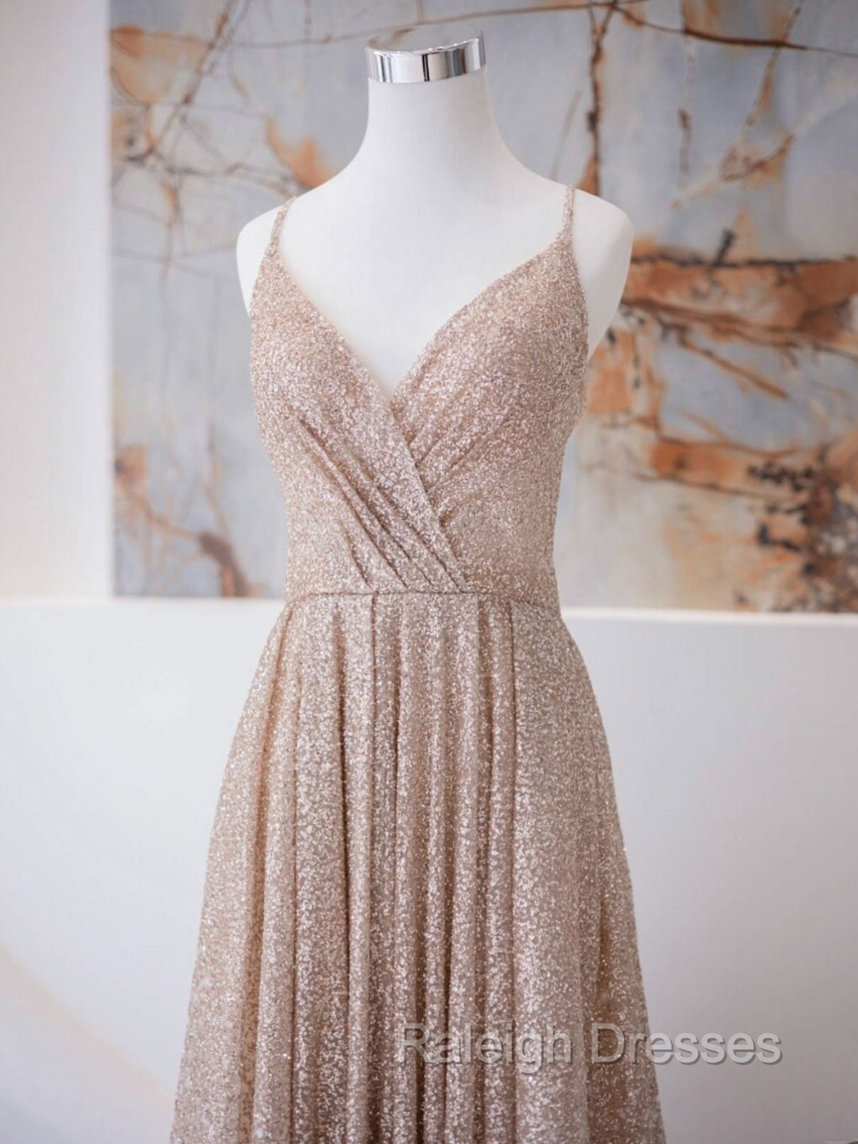 A Line V Neck Champagne Long Prom Dresses, Shiny Tulle Champagne Prom Dress
