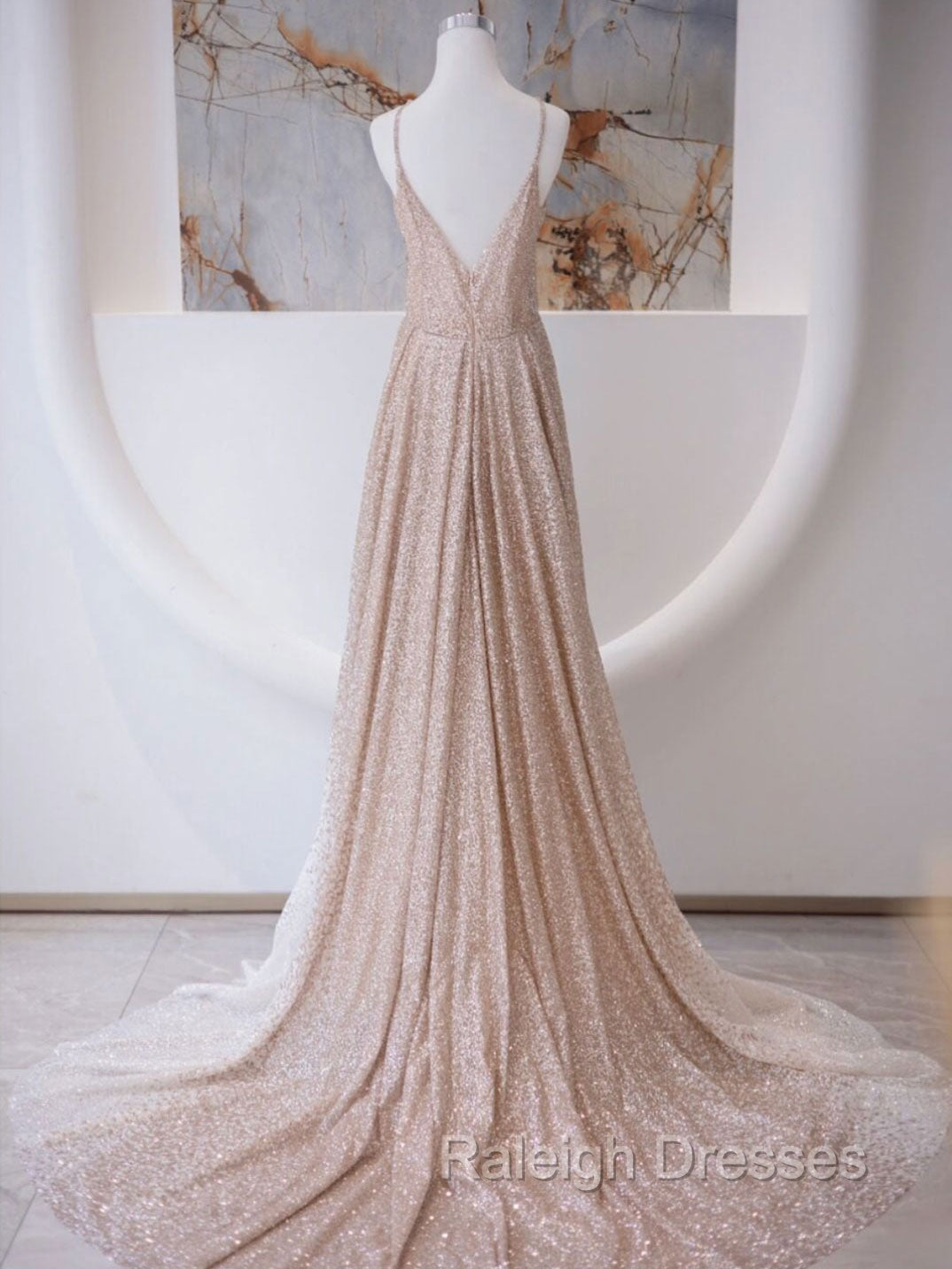 A Line V Neck Champagne Long Prom Dresses, Shiny Tulle Champagne Prom Dress
