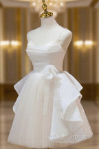 A Line V Neck Champagne Short Prom Dresses, Formal Mini Gown Cute Puffy Homecoming Dresses