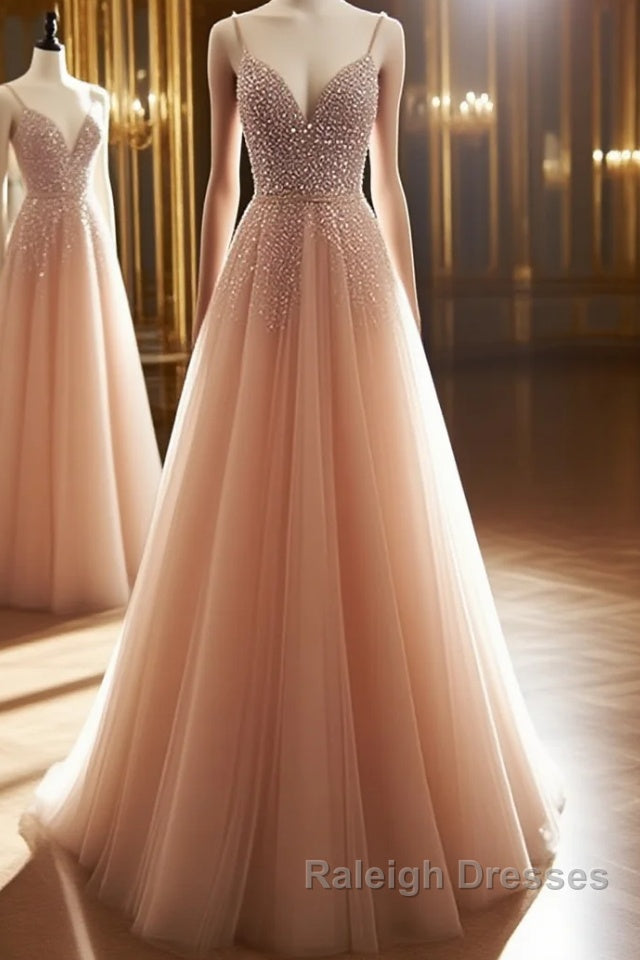 A Line V Neck Champagne Tulle Long Beaded Prom Dresses, Champagne Long Formal Evening Dresses Main image