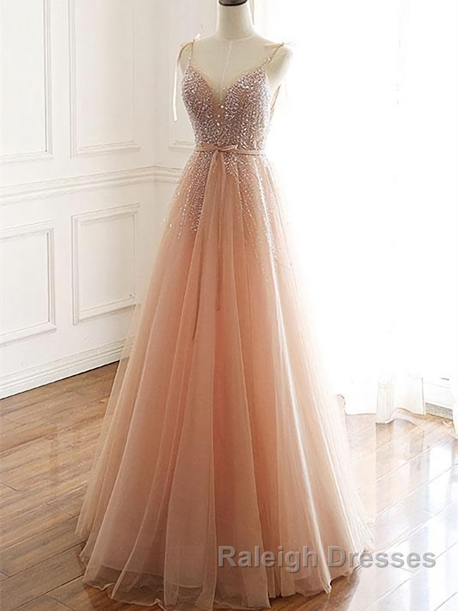 A Line V Neck Champagne Tulle Long Beaded Prom Dresses, Champagne Long Formal Evening Dresses