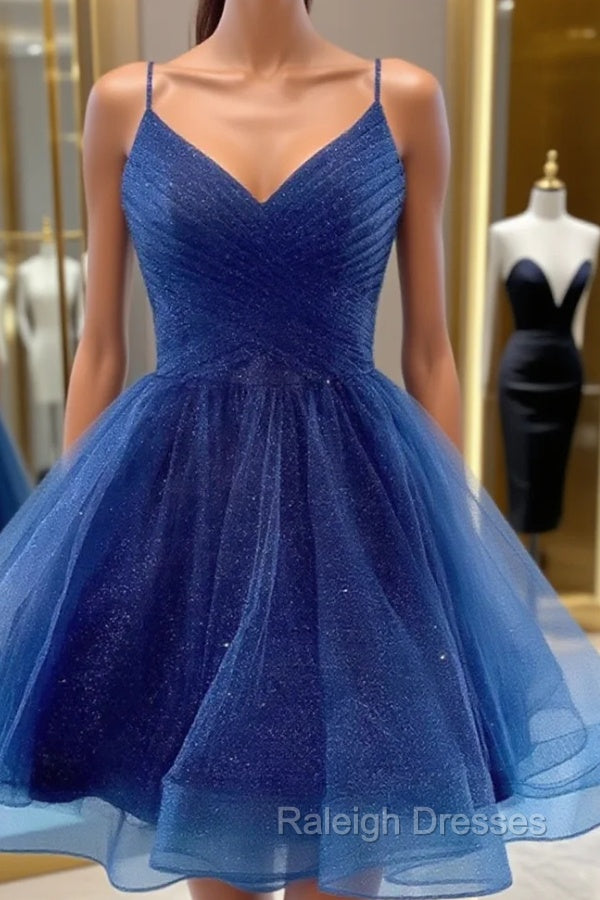 A Line V Neck Dark Blue Short Prom Dresses, Short Blue Graduation Homecoming Cocktail Dresses