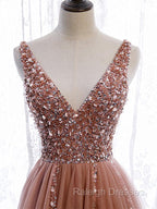A Line V Neck Dark Pink Beaded Long Prom Dress V Neck Pink Long Prom Graduation Dress