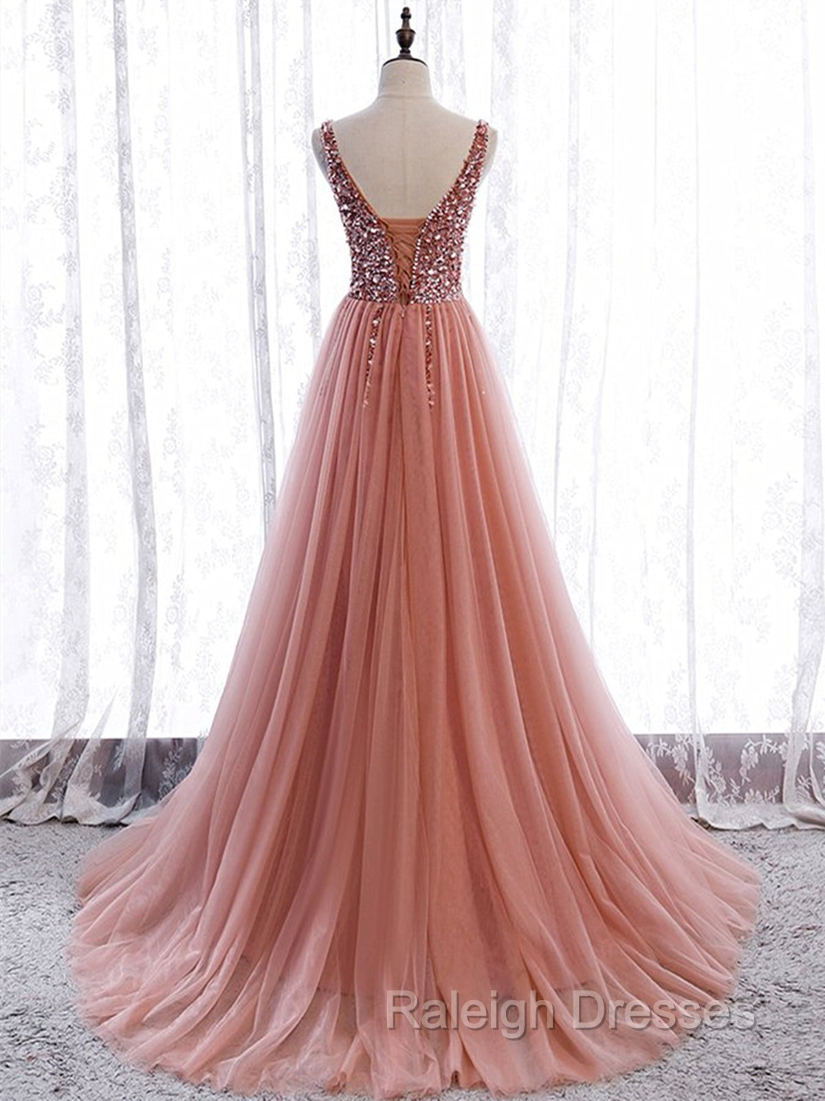 A Line V Neck Dark Pink Beaded Long Prom Dresses, V Neck Pink Long Formal Graduation Dresses Secondary image