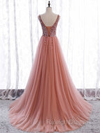 A Line V Neck Dark Pink Beaded Long Prom Dresses, V Neck Pink Long Formal Graduation Dresses