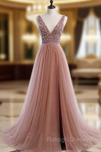 A Line V Neck Dark Pink Beaded Long Prom Dresses, V Neck Pink Long Formal Graduation Dresses