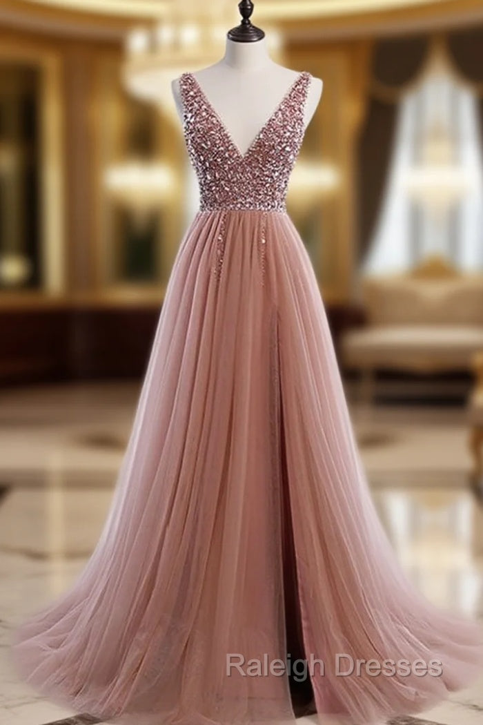 A Line V Neck Dark Pink Beaded Long Prom Dresses, V Neck Pink Long Formal Graduation Dresses