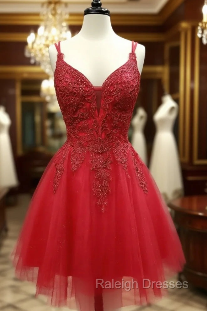 A Line V Neck Dark Red Lace Prom Dresses, Dark Red Lace Formal Homecoming Dresses Main image