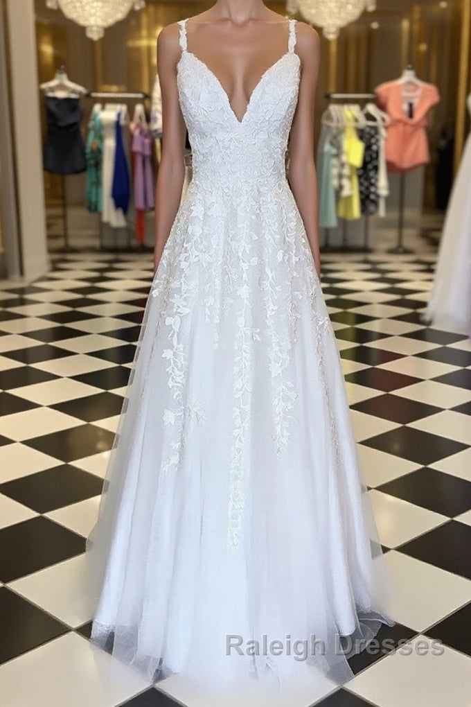 A Line V Neck Floor Length Lace White Long Prom Dress White Lace Prom Dress V Neck White Prom Dress