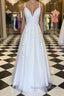 A Line V Neck Floor Length Lace White Long Prom Dress White Lace Prom Dress V Neck White Prom Dress