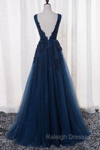 A-Line V-Neck Floor Length Navy Blue Prom Dress With Appliques