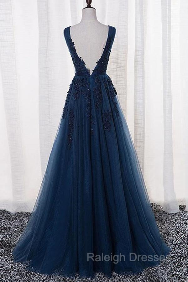 A-Line V-Neck Floor Length Navy Blue Prom Dress With Appliques