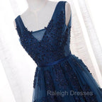A-Line V-Neck Floor Length Navy Blue Prom Dress With Appliques