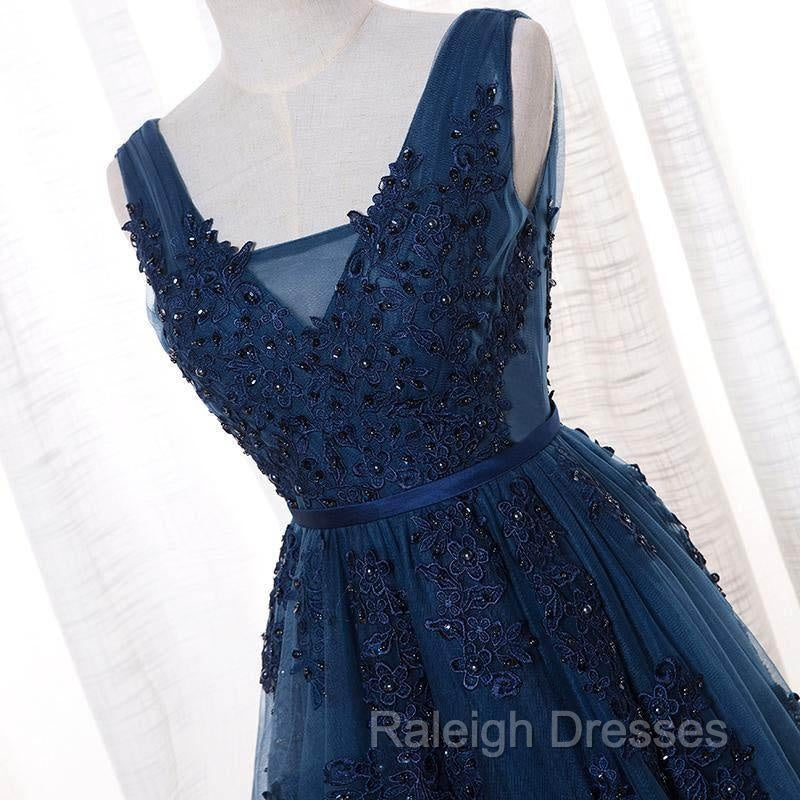A-Line V-Neck Floor Length Navy Blue Prom Dress With Appliques
