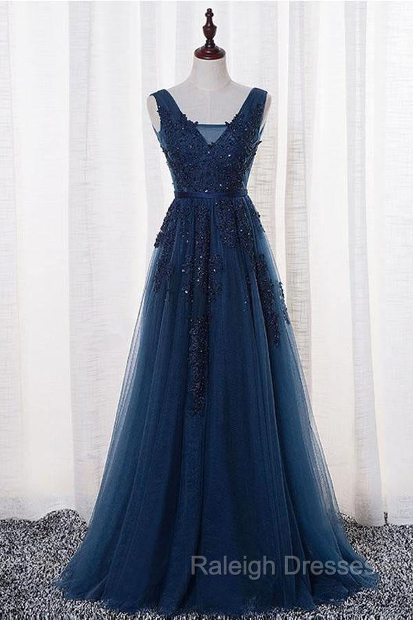 A-Line V-Neck Floor Length Navy Blue Prom Dress With Appliques