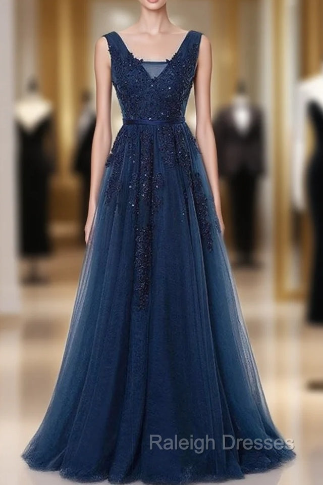 A-Line V-Neck Floor Length Navy Blue Prom Dress With Appliques