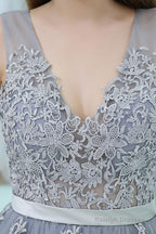 A-Line V-neck Floor-Length Tulle Appliqued Long Prom Dresses