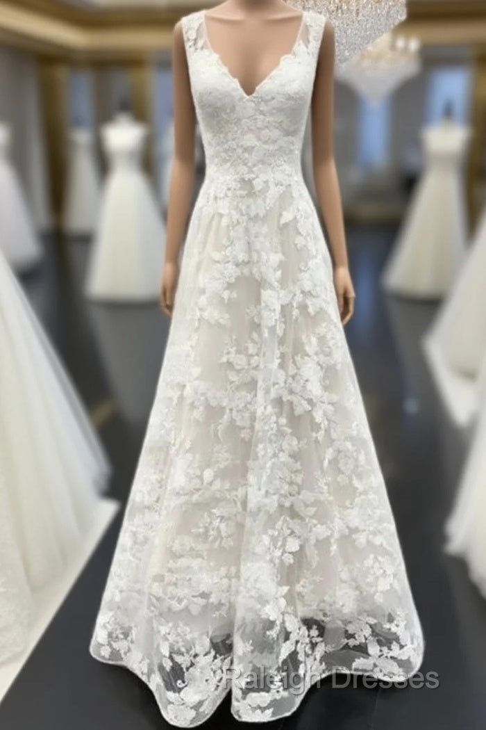 A-Line V Neck Floral Lace Long Prom Dress