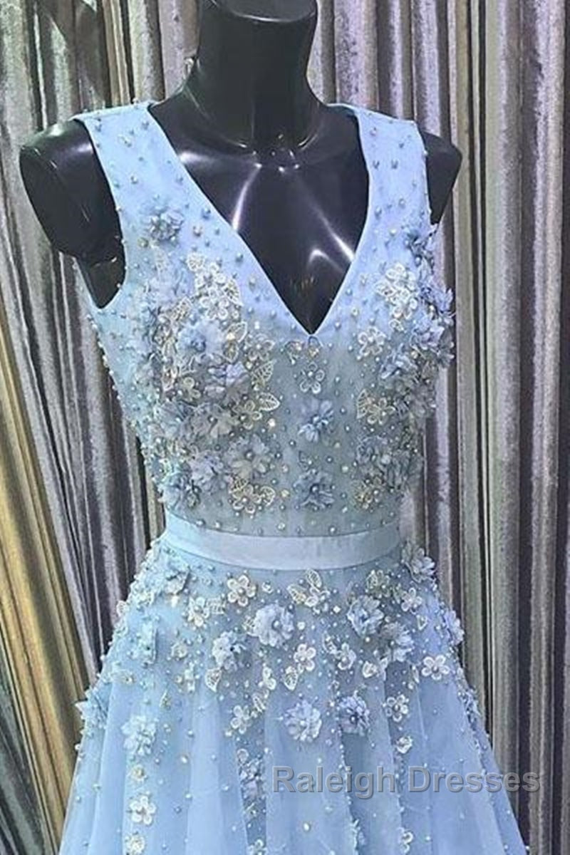 A Line V Neck Floral Light Blue Lace Long Prom Dress, Light Blue Lace Formal Graduation Evening Dress Secondary image
