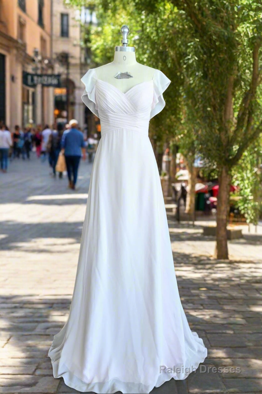 A Line V Neck Flutter Sleeves Bridesmaid Dress Floor Length Chiffon Wedding Dress With Ruffle