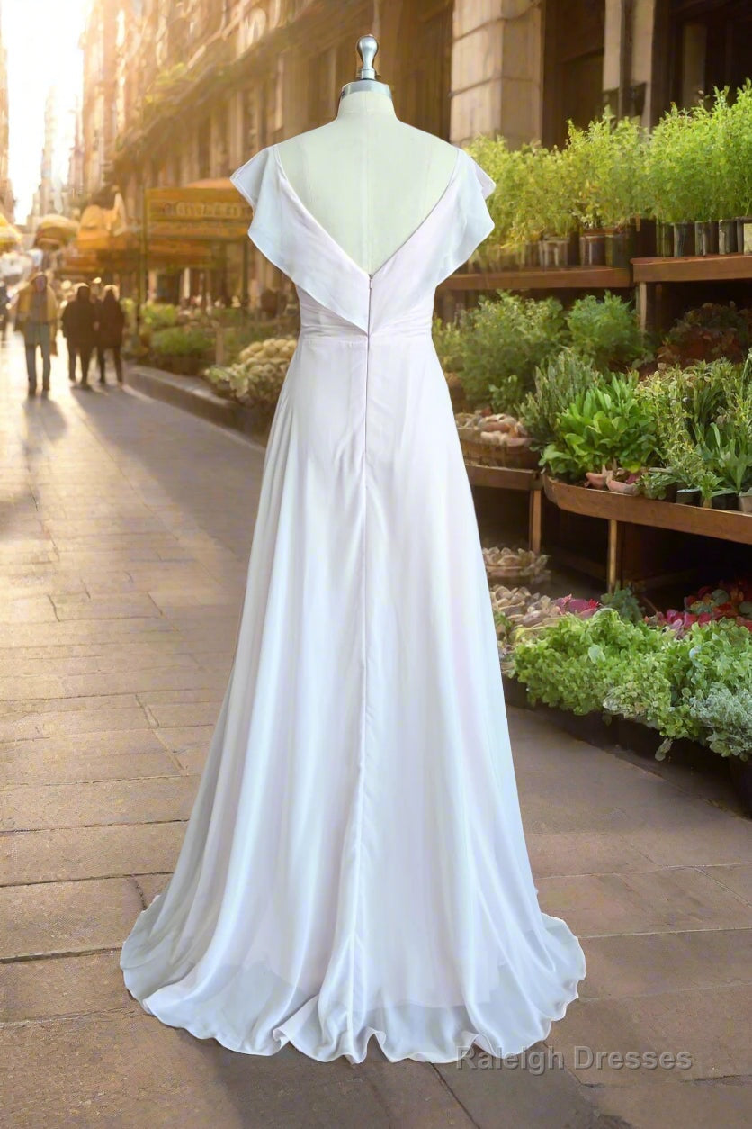 A Line V Neck Flutter Sleeves Bridesmaid Dress Floor Length Chiffon Wedding Dress With Ruffle