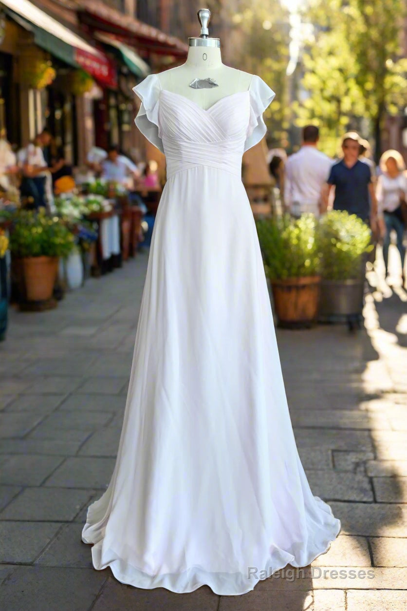 A Line V Neck Flutter Sleeves Bridesmaid Dress Floor Length Chiffon Wedding Dress With Ruffle