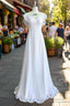 A Line V Neck Flutter Sleeves Bridesmaid Dress Floor Length Chiffon Wedding Dress With Ruffle