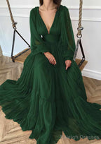 A-line V Neck Full/Long Sleeve Long/Floor-Length Chiffon Prom Dresses With Pleated