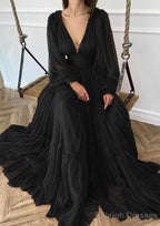 A Line V Neck Full/Long Sleeve Long Dress Floor Length Chiffon Prom Dress With Pleated