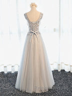 A Line V Neck Gray Floral Long Prom Dresses, V Neck Gray Long Floral Formal Bridesmaid Dresses