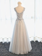 A Line V Neck Gray Floral Long Prom Dress V Neck Gray Long Floral Prom Bridesmaid Dress
