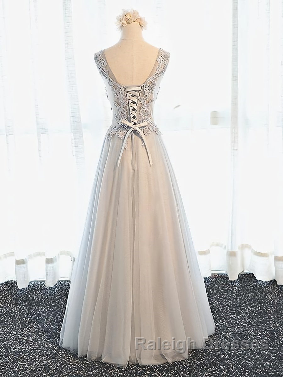 A Line V Neck Gray Floral Long Prom Dress V Neck Gray Long Floral Prom Bridesmaid Dress