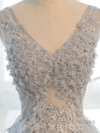A Line V Neck Gray Floral Long Prom Dress V Neck Gray Long Floral Prom Bridesmaid Dress