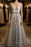 A Line V Neck Gray Lace Long Prom Dress with Belt, Gray Lace Floral Formal Dress, Gray Lace Evening Dress