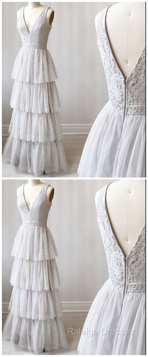 A Line V Neck Gray Lace Prom Dresses, V Neck Gray Lace Formal Graduation Bridesmaid Dresses Secondary image