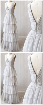 A Line V Neck Gray Lace Prom Dresses, V Neck Gray Lace Formal Graduation Bridesmaid Dresses