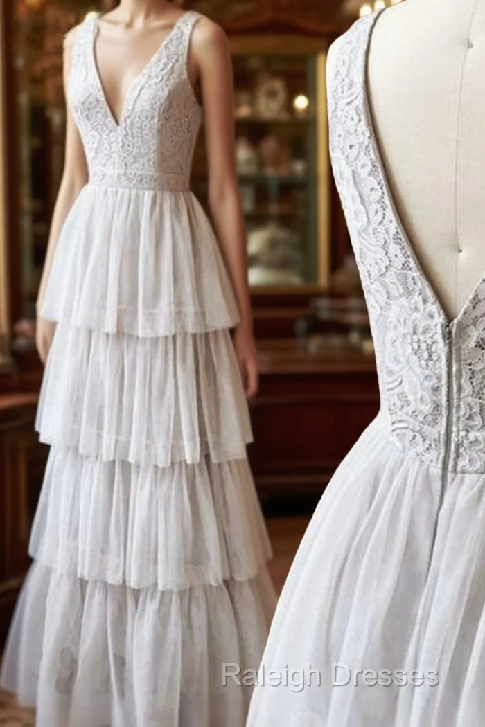 A Line V Neck Gray Lace Prom Dresses, V Neck Gray Lace Formal Graduation Bridesmaid Dresses