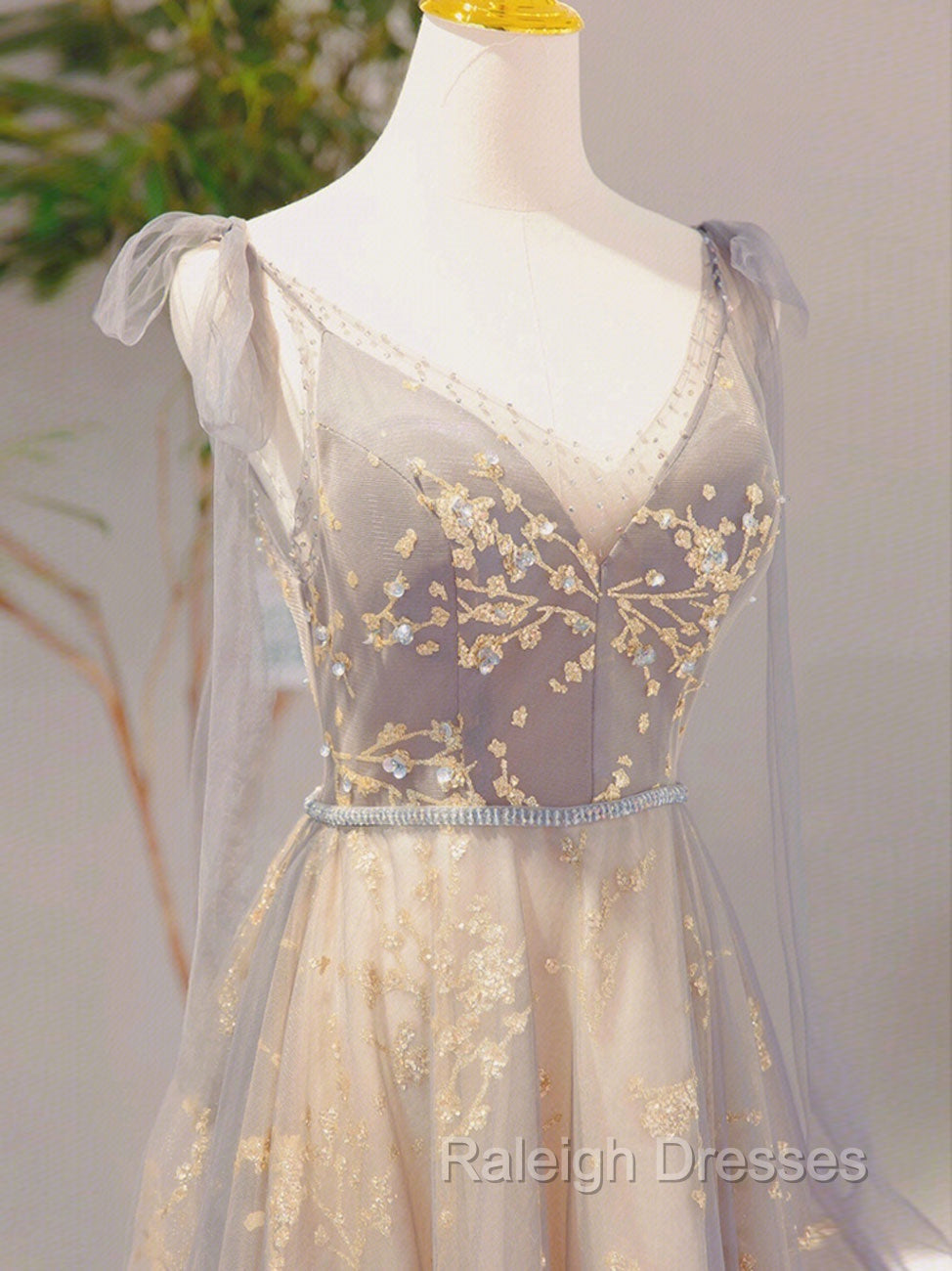 A Line V Neck Gray Long Prom Dress, Tulle Sequin Lace Long Forma Dresses