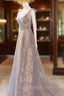 A-Line V Neck Gray Long Prom Dress, Tulle Sequin Lace Long Forma Dresses