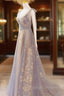 A Line V Neck Gray Long Prom Dress, Tulle Sequin Lace Long Forma Dresses