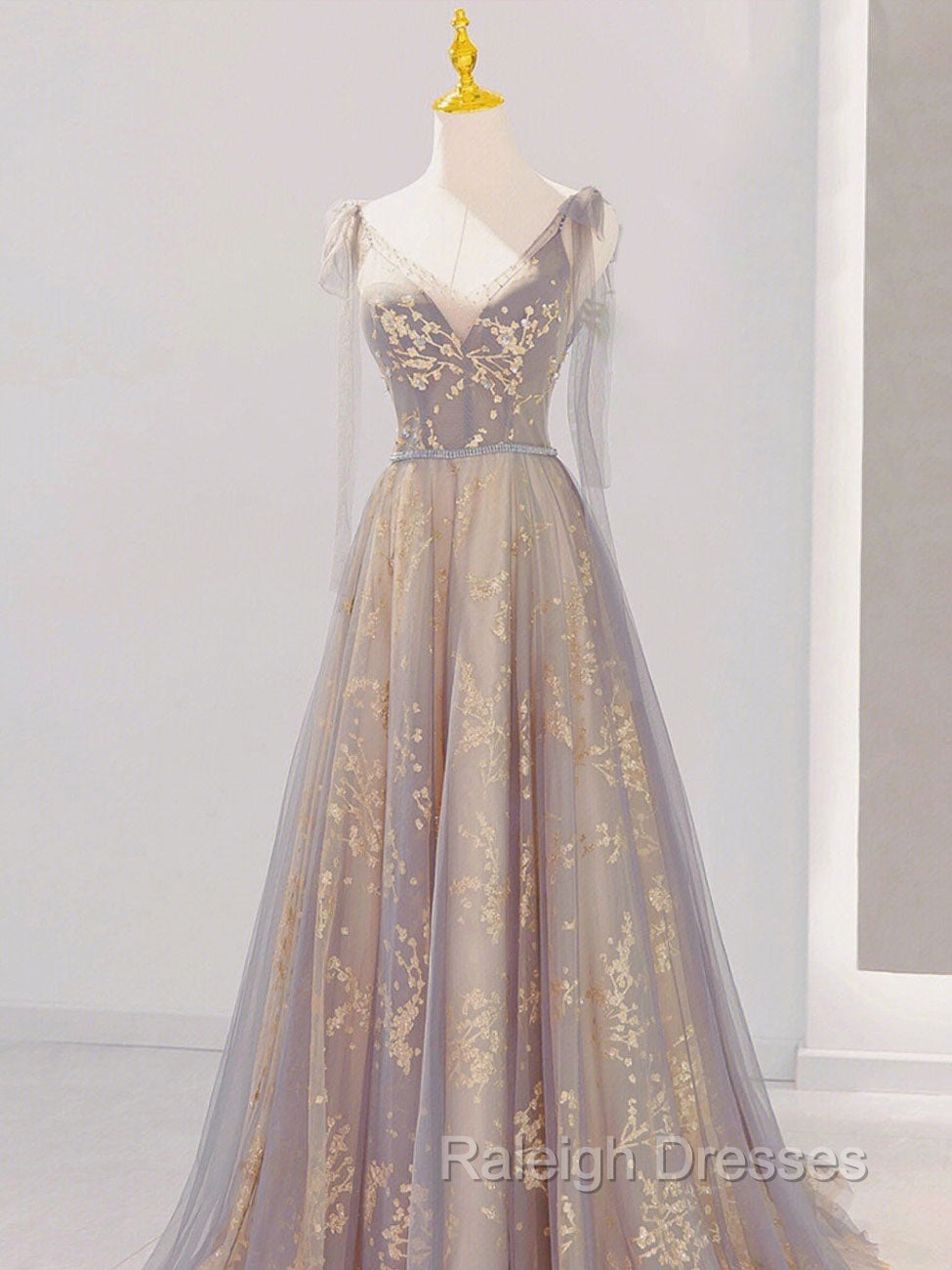 A-Line V Neck Gray Long Prom Dress, Tulle Sequin Lace Long Forma Dresses Main image