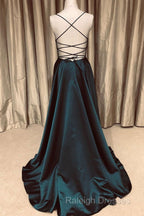 A Line V Neck Green/Blue Backless Long Prom Dresses, V Neck Backless Green/Blue Formal Graduation Evening Dresses