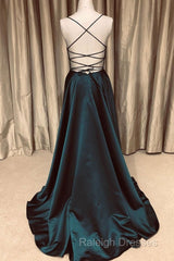A Line V Neck Green/Blue Backless Long Prom Dresses, V Neck Backless Green/Blue Formal Graduation Evening Dresses