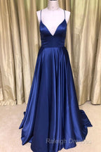 A Line V Neck Green/Blue Backless Long Prom Dresses, V Neck Backless Green/Blue Formal Graduation Evening Dresses