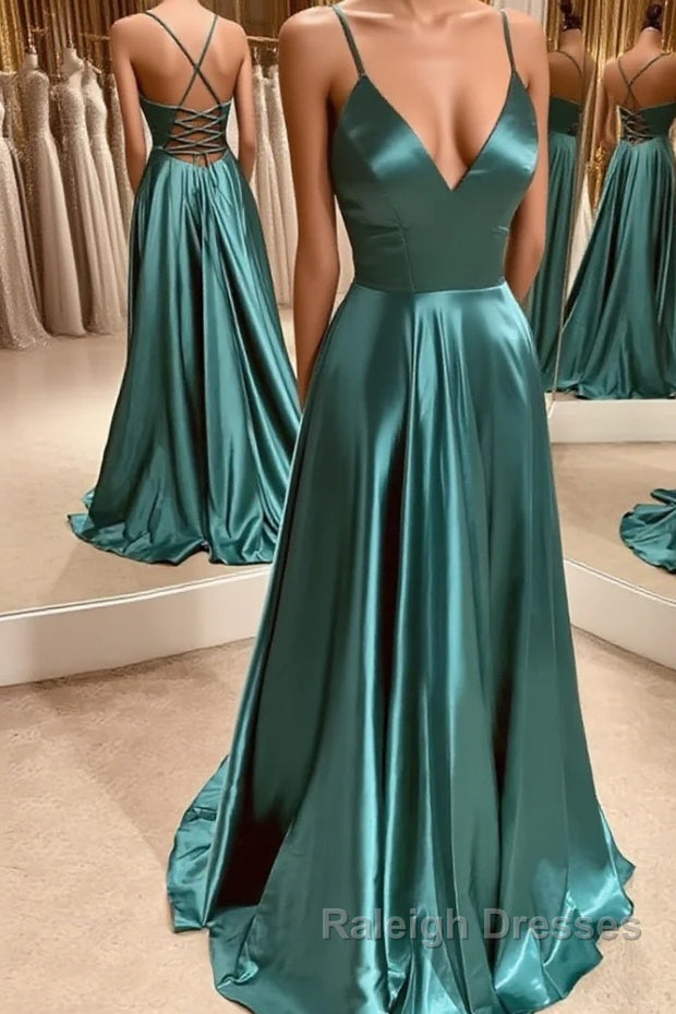 A Line V Neck Green Satin Long Prom Dresses, Backless Green Long Formal Evening Dresses Main image