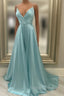 A Line V Neck Green Satin Long Prom Dresses, Green V Neck Long Formal Evening Dresses