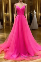 A Line V Neck Hot Pink Long Prom Dresses, V Neck Hot Pink Long Formal Evening Dresses