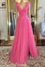 A Line V Neck Hot Pink Tulle Long Prom Dress with Slit, Hot Pink Formal Graduation Evening Dress