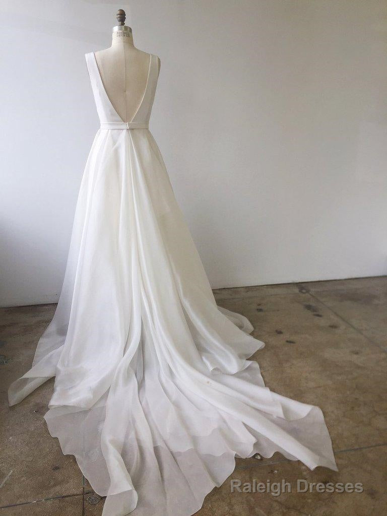 A-Line V Neck Ivory Prom Dresses Wedding Dresses With Court Train Secondary image