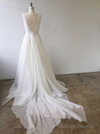 A-Line V Neck Ivory Prom Dresses Wedding Dresses With Court Train